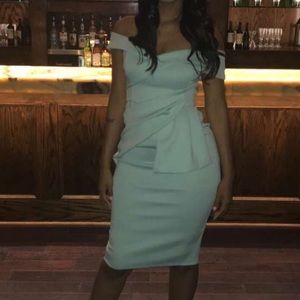 asos design bardot fold wrap front midi pencil dress